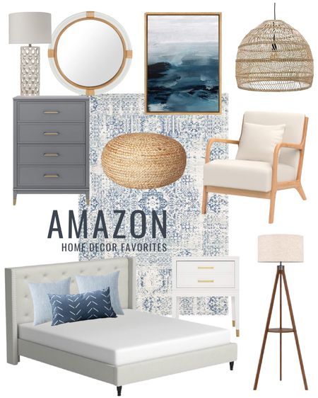 Some of my current home décor favorites from Amazon!  Items include a gray dresser, a ceramic table lamp, white nautical round mirror, a distressed blue and white rug, a white nightstand, a neutral upholstered bed, a wood tripod lamp and a wood accent chair.  Additional items include blue mudcloth decorative pillow, lue and white framed abstract art, light blue linen decorative pillows, a woven jute poof and a woven pendent. 

look for less home, designer inspired, beach house look, amazon haul, amazon must haves, area rug amazon, home decor, Amazon finds, Amazon home decor, simple decor, bedroom dresser, dresser décor, wall mirror, abstract wall art, art for home, canvas wall art, master bedroom dresser, wall mirror, living room decor, amazon bed, bedroom inspiration, amazon chairs, amazon mirrors, neutral design, amazon rugs, accent dresser, bedroom area rug, dining room rug, simple decor, coastal decorating, coastal design, coastal inspiration #ltkfamily 

#LTKSeasonal #LTKstyletip #LTKunder50 #LTKunder100 #LTKhome #LTKsalealert #LTKsalealert #LTKunder100 #LTKhome