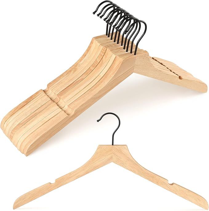 TOPIA HANGER Rubber Wood Hangers, Wooden Clothes Hangers with Rotatable Black Hook and Smooth Cut... | Amazon (US)