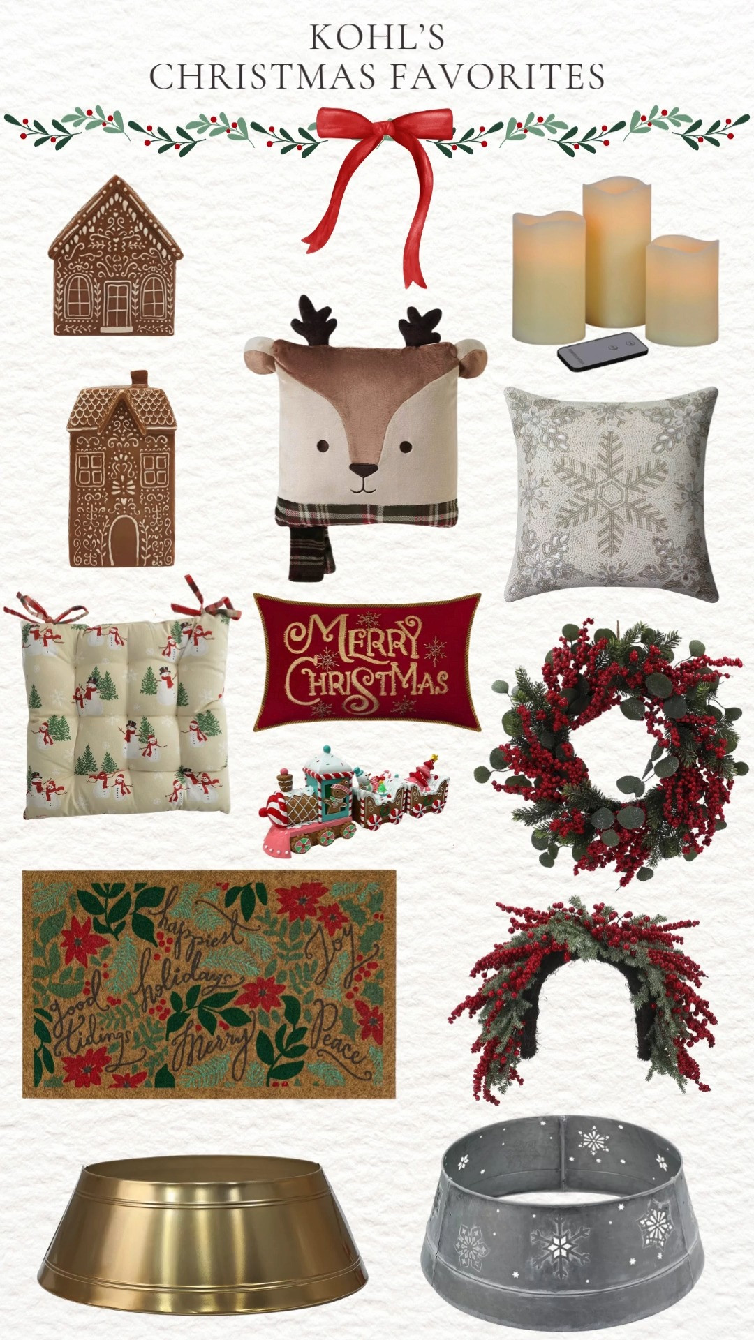 Festive, classic, and full of cheer 🎁🎄 This season’s décor favorites include wreaths that wow, stockings that warm the heart, and candles that flicker without the mess (thank you battery operated magic ✨). From cozy rugs to adorable ceramic gingerbread houses and the cutest tree top details, these picks make your home feel instantly holiday ready. Shop the Christmas Decor Favorites from Kohl's and make it merry! ❤️🎀✨ 

 #LTKHoliday #LTKHome #LTKFindsUnder50