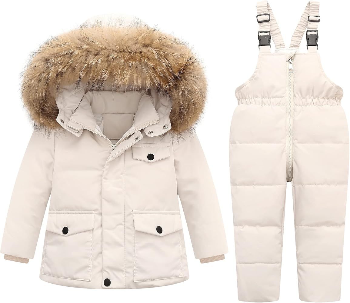 Toddler Girl Snowsuit 2Pcs Kids Down Jacket Winter Hooded Coat +Snow Bib Pants Kids Boys Windproof S | Amazon (US)