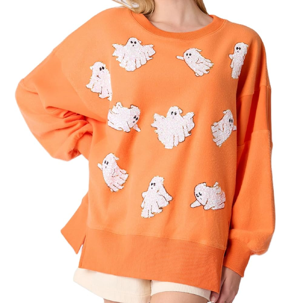 Muineobuka Women Sequin Halloween Sweatshirts Long Sleeve Sparkle Glitter Pumpkin Ghost Halloween... | Amazon (US)
