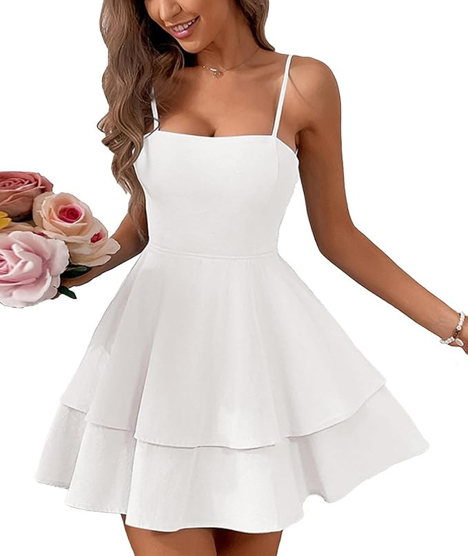 SEMATOMALA Women's Tie Back Spaghetti Strap Skater Mini Dress Tiered Ruffle Fit and Flared A Line... | Amazon (US)