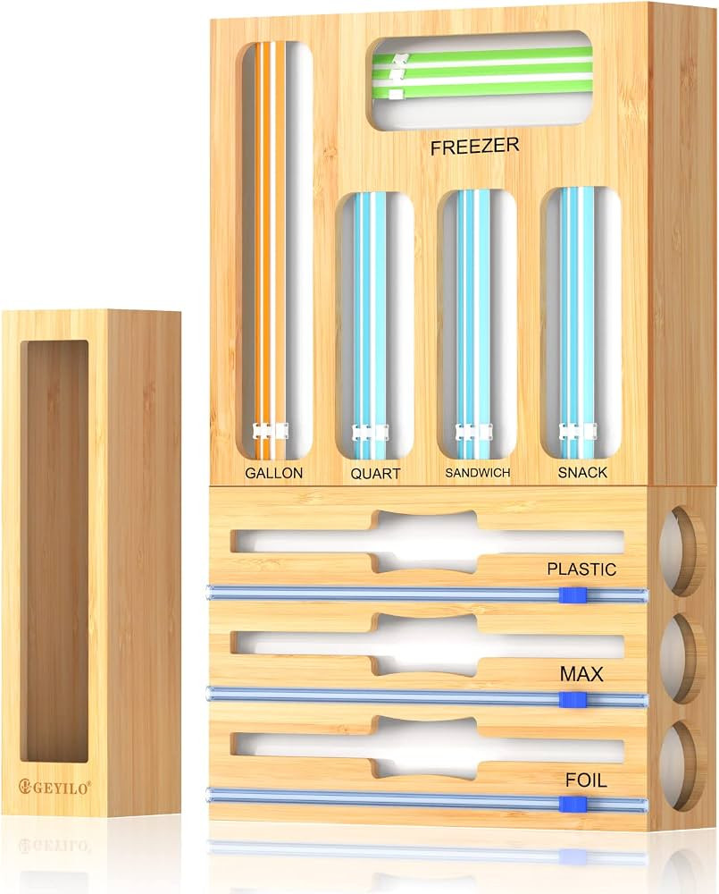 Plastic Wrap Dispenser with Cutter, 9 IN1 Bamboo Foil and Plastic Wrap Organizer for Kitchen Draw... | Amazon (US)