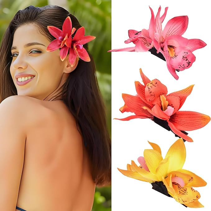 3 Pcs Hawaiian Flower Hair Clips Tropical Double Orchid Hairpin Barrette Luau Beach Party (Peach ... | Amazon (US)