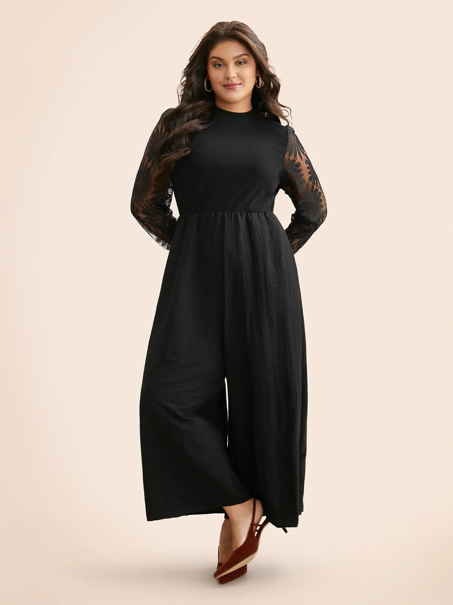 Crochet Lace Mesh Mock Neck Jumpsuit | Bloomchic