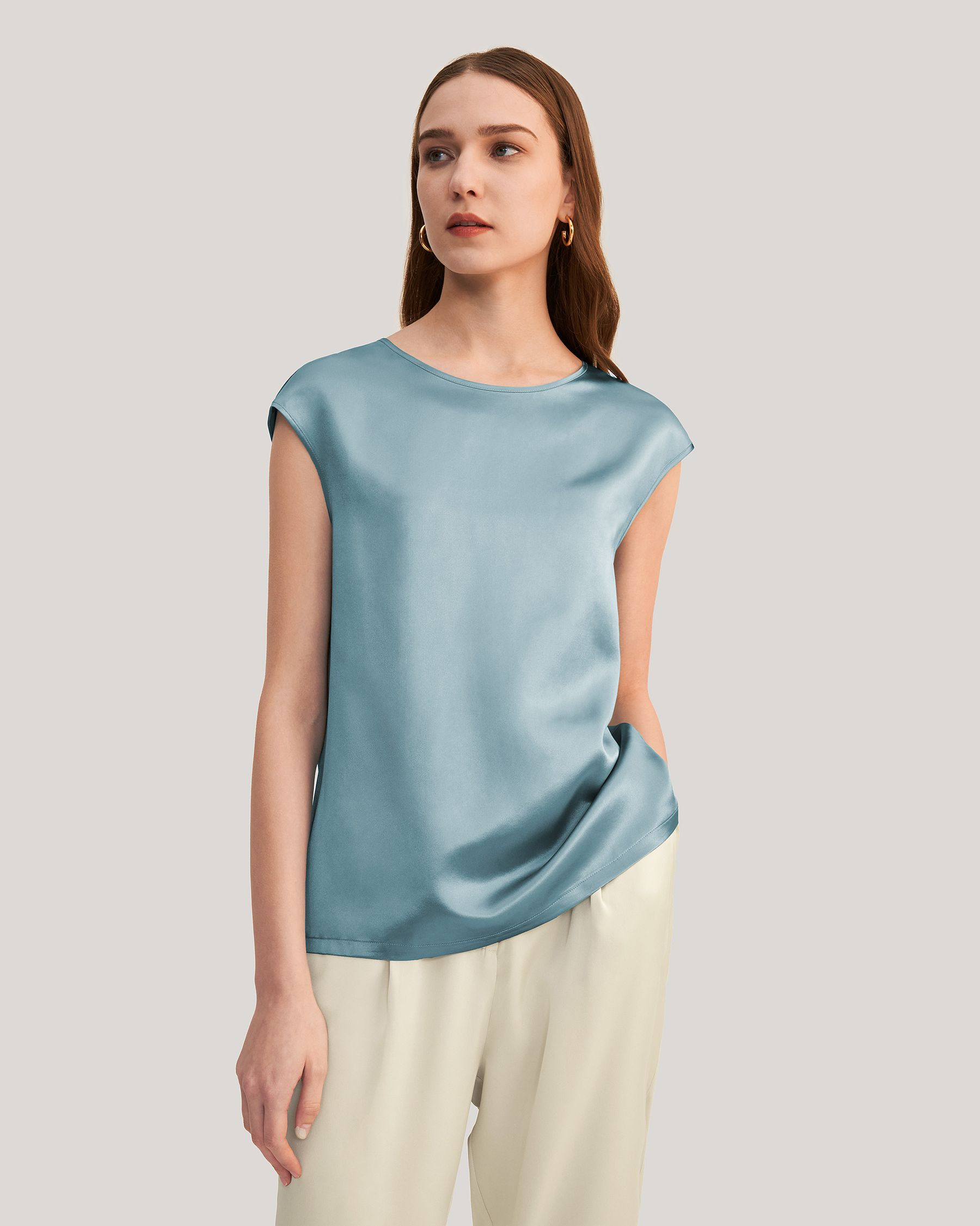 Basic Cap Sleeves Silk Tee | LilySilk