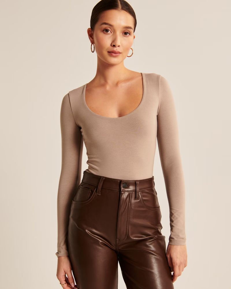Long-Sleeve Cotton Seamless Fabric Scoopneck Bodysuit | Abercrombie & Fitch (US)