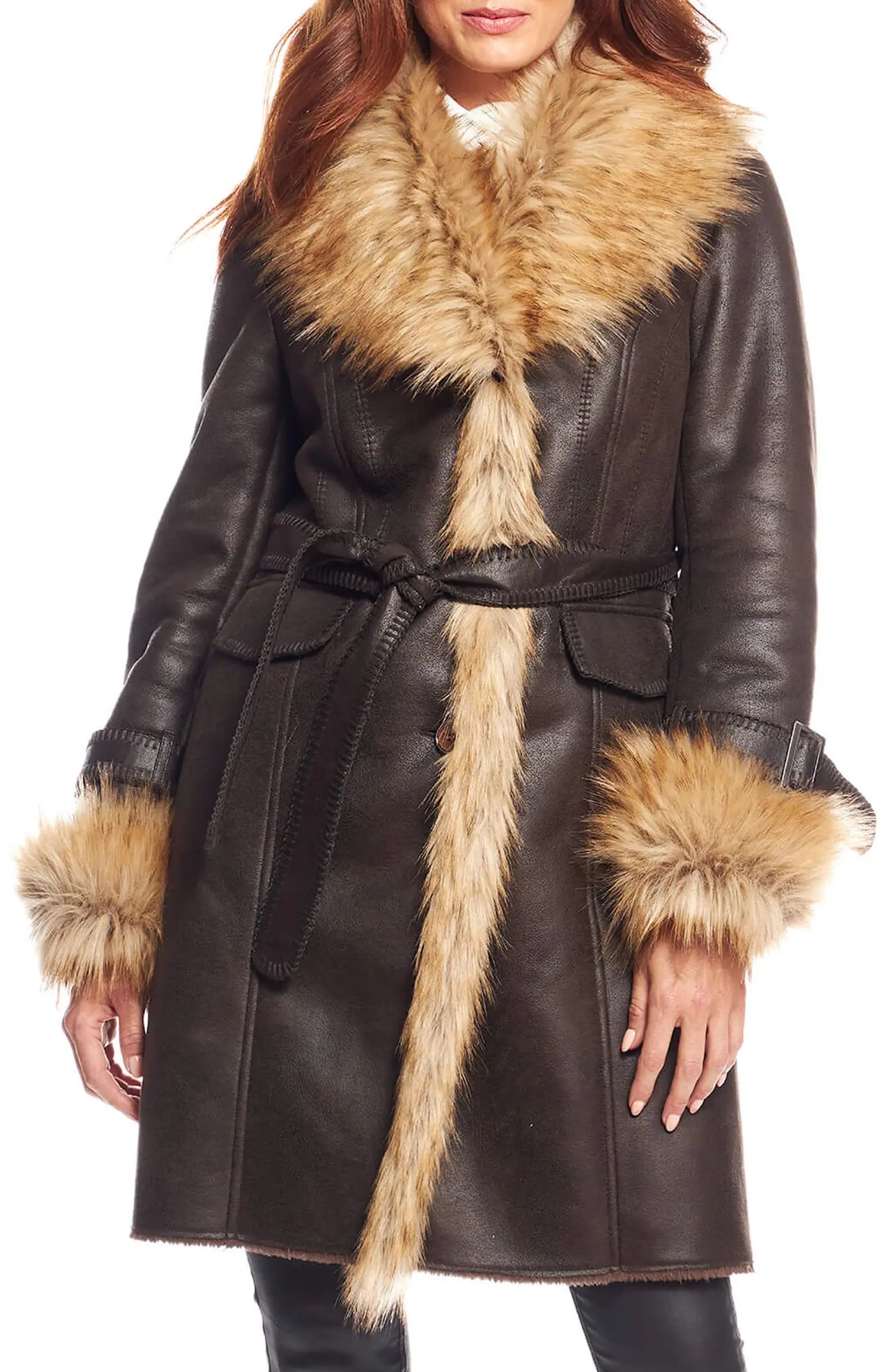 Dakota Belted Faux Suede Coat with Faux Fur Trim | Nordstrom
