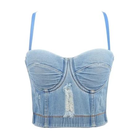 Women s Denim Crop Top Ripped Camisole Adjustable Spaghetti Strap Slim Fit Cami Cropped Tops | Walmart (US)