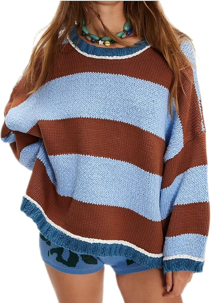 Women's Fall Long Sleeve Sweaters Striped Color Block Chunky Knit Crew Neck Oversized Loose Pullo... | Amazon (US)