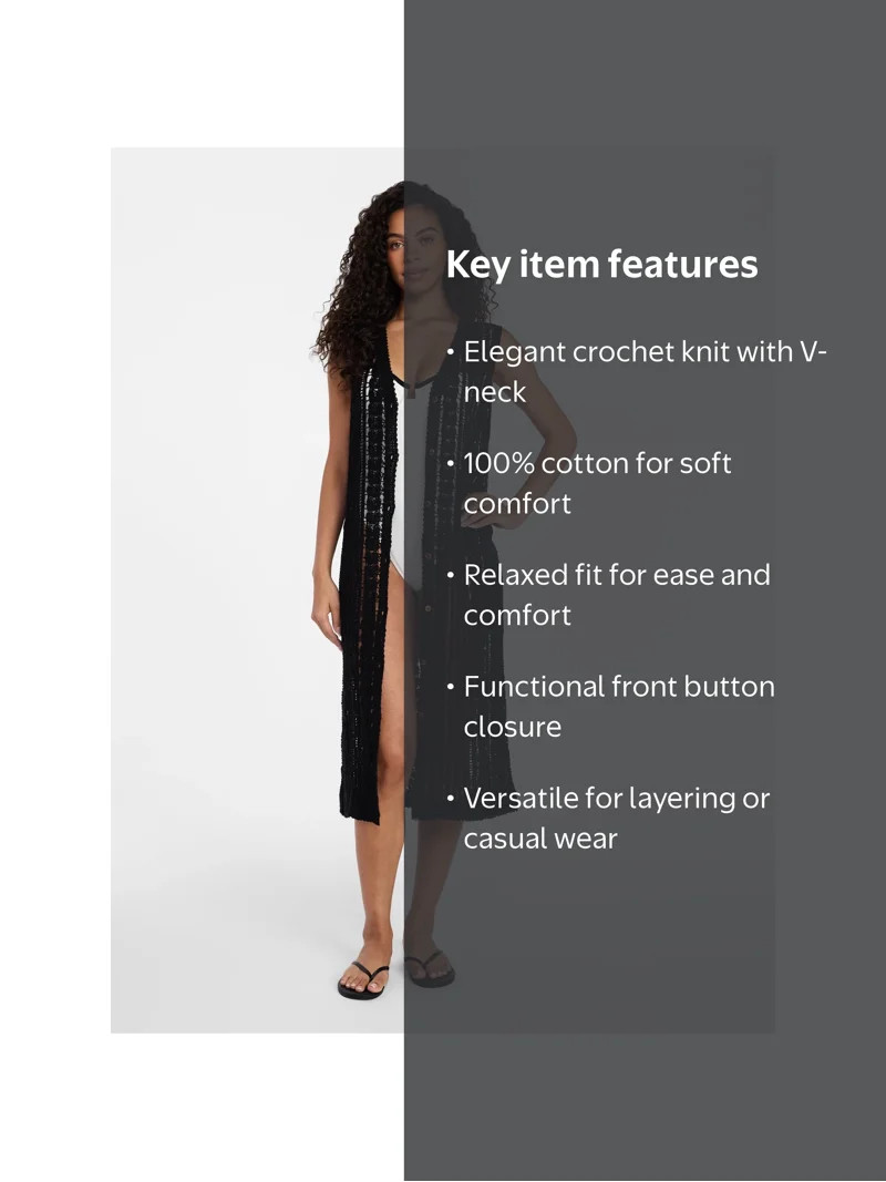 Time and Tru Women's Crochet Button Down Coverup, Size S/M, Black Soot | Walmart (US)