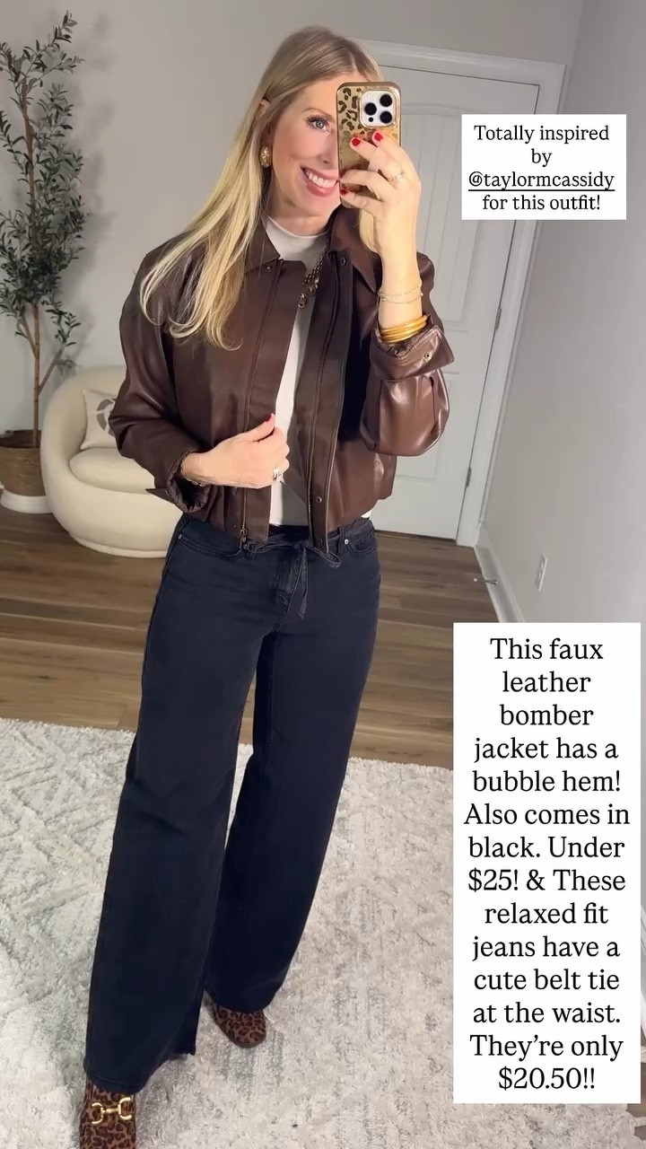 Walmart try on, faux leather bomber jacket, black wide leg jeans 

#LTKStyleTip #LTKFindsUnder50