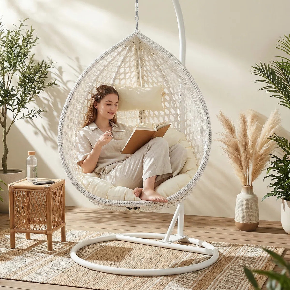 Chaviano Modern Indoor Outdoor Wicker Egg Chair with C-Stand, Teardrop Swing Chair with UV-Resist... | Wayfair North America