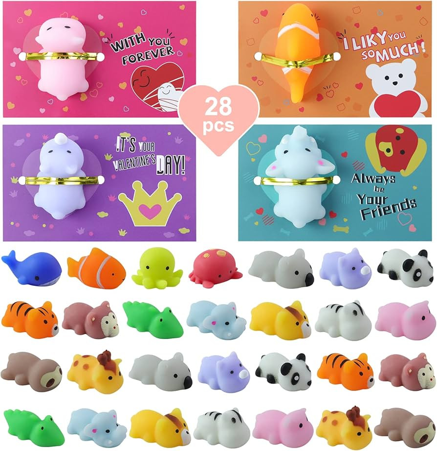 28Pack Valentines Day Cards for Kids School with Kawaii Mochi Squishy Toys, Kids Valentine's Day ... | Amazon (US)