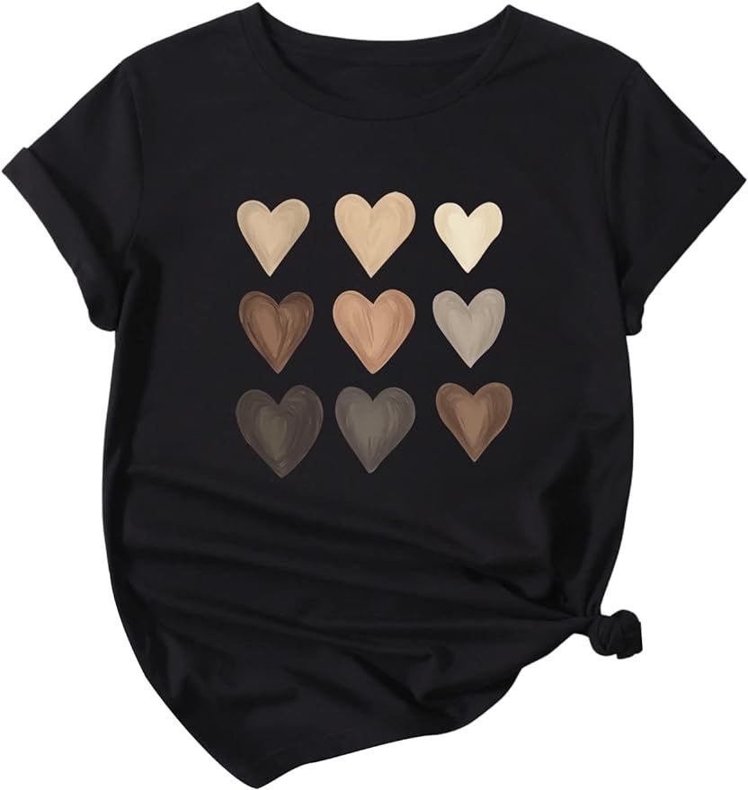 SheIn Women's Heart Printed T Shirt Graphic Tees Short Sleeve Tee Shirts | Amazon (US)