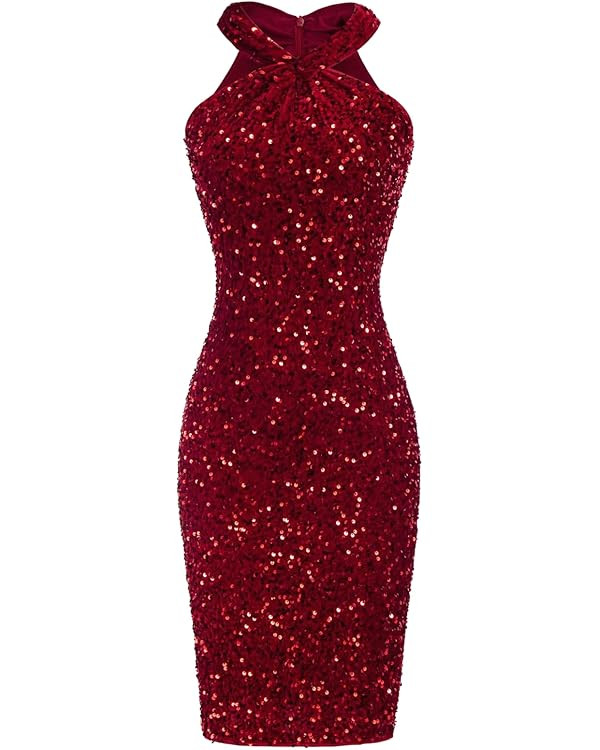 GRACE KARIN Sequin Dress for Women Sleeveless Sparkly Glitter Halter Dress Bodycon Mini Club Dres... | Amazon (US)