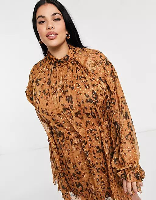 ASOS DESIGN Curve high neck leopard printed mini dress in jacquard chiffon with tie detail | ASOS (Global)