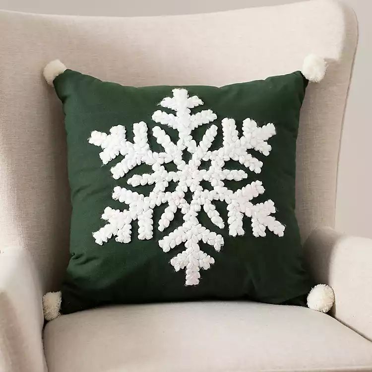 New!White Snowflake and Green Pom Pom Accent Pillow | Kirkland's Home