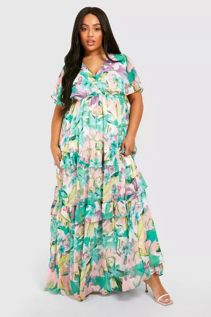 Plus Floral Print Angel Sleeve Maxi Dress | boohoo (US & Canada)