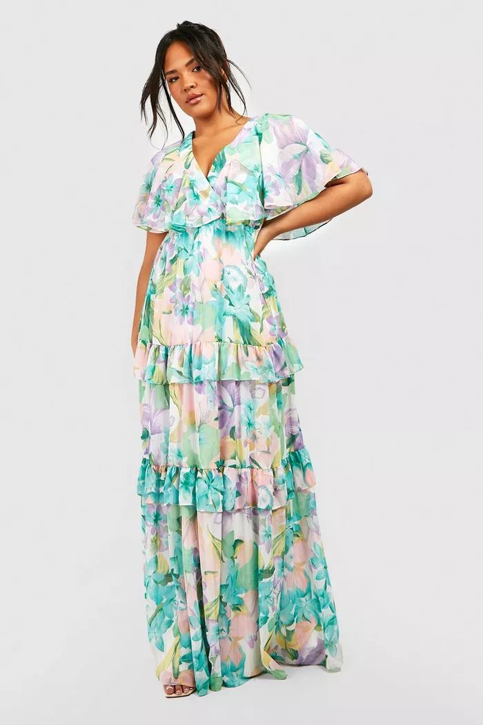 Plus Floral Print Angel Sleeve Maxi Dress | boohoo (US & Canada)