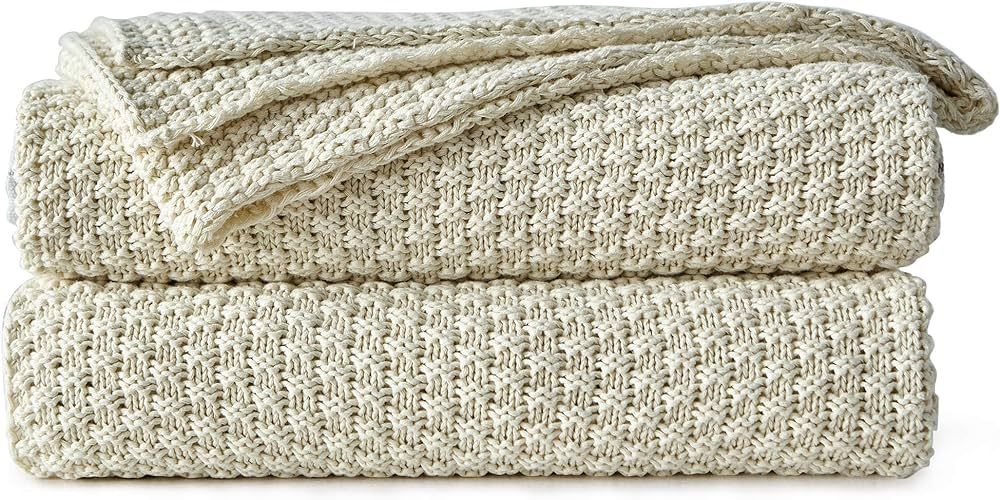 Longhui bedding Cream Knitted Throw Blanket for Couch, Soft, Cozy Machine Washable 100% Cotton So... | Amazon (US)