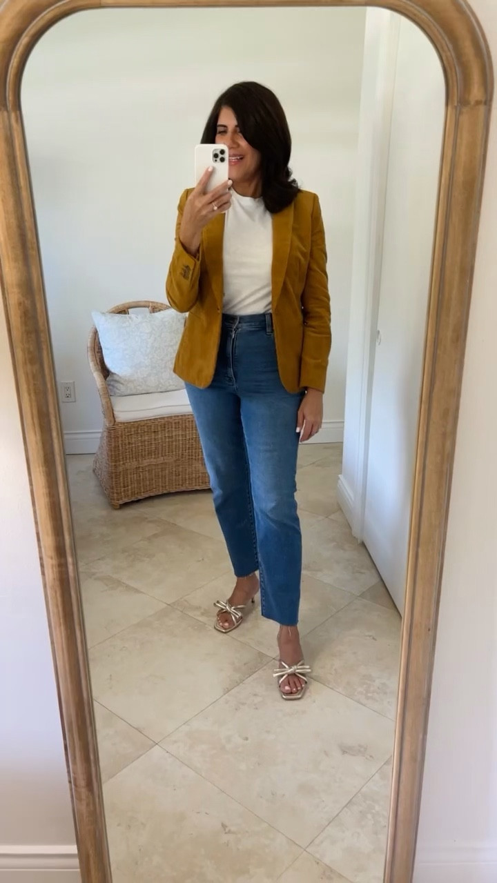 Great fall outfit that’s on sale. Corduroy blazer, high rise straight jeans, gold kitten heel sandals 

Work outfit, teacher outfit 

#LTKstyletip #LTKover40 #LTKsalealert