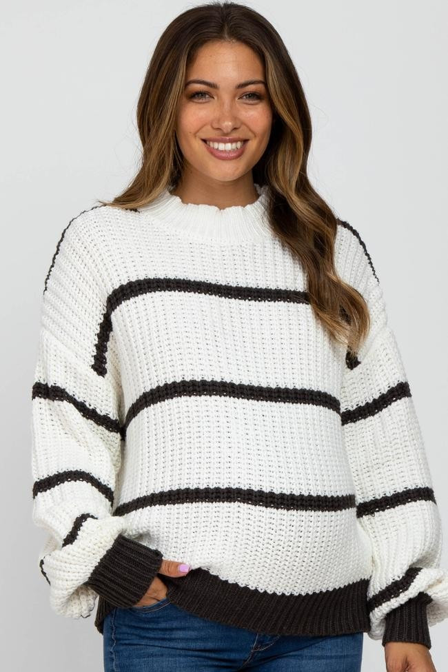 Charcoal High Neck Striped Maternity Knit Sweater | PinkBlush Maternity