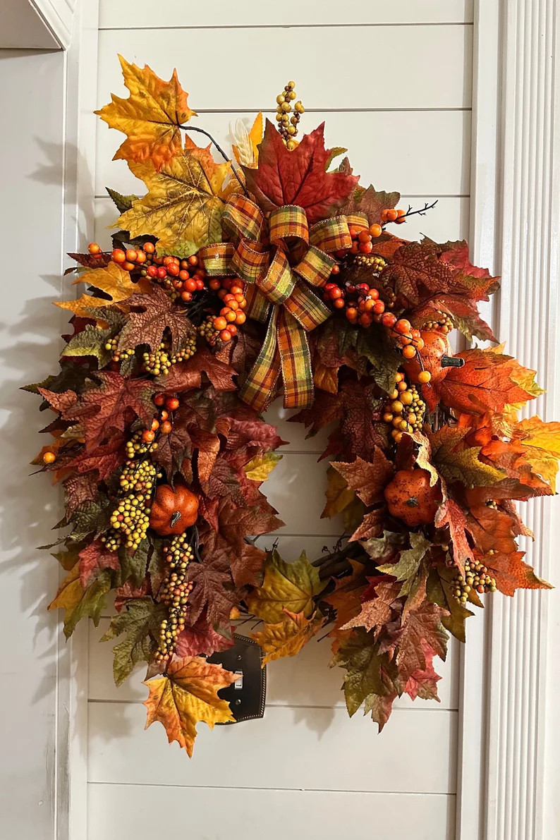 Fall Maple Leaves Wreath With Pumpkins, Front Door Wreath for Autumn, Oval Wreath With Berries, P... | Etsy (Global)