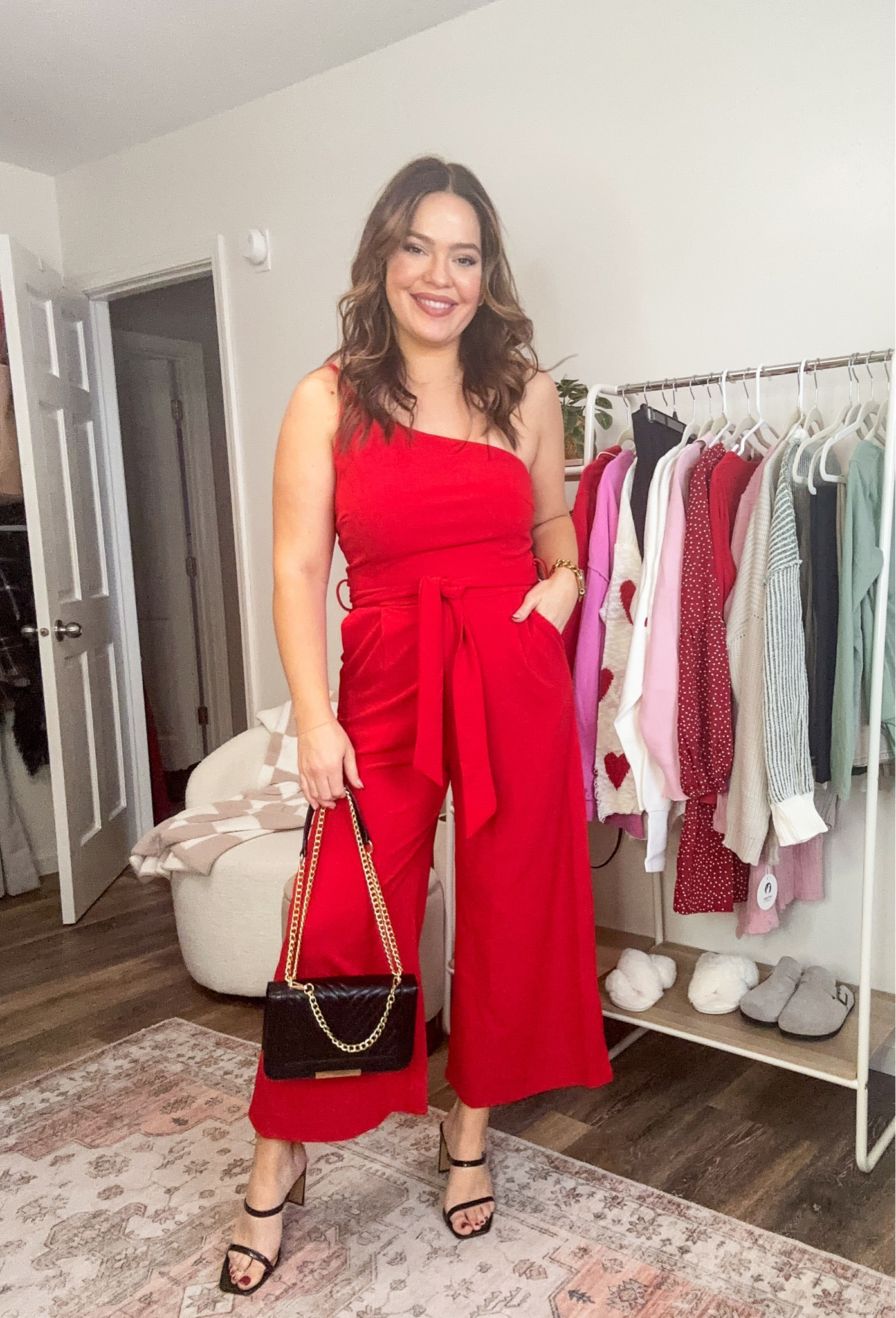 Red jumpsuit with pockets and tie waist // Valentine’s Day look / Vday outfit ideas / galentines day look / going out outfit - size 10/lg / midsize - 5 foot 7 inches - wearing size large

#LTKstyletip #LTKmidsize #LTKSeasonal