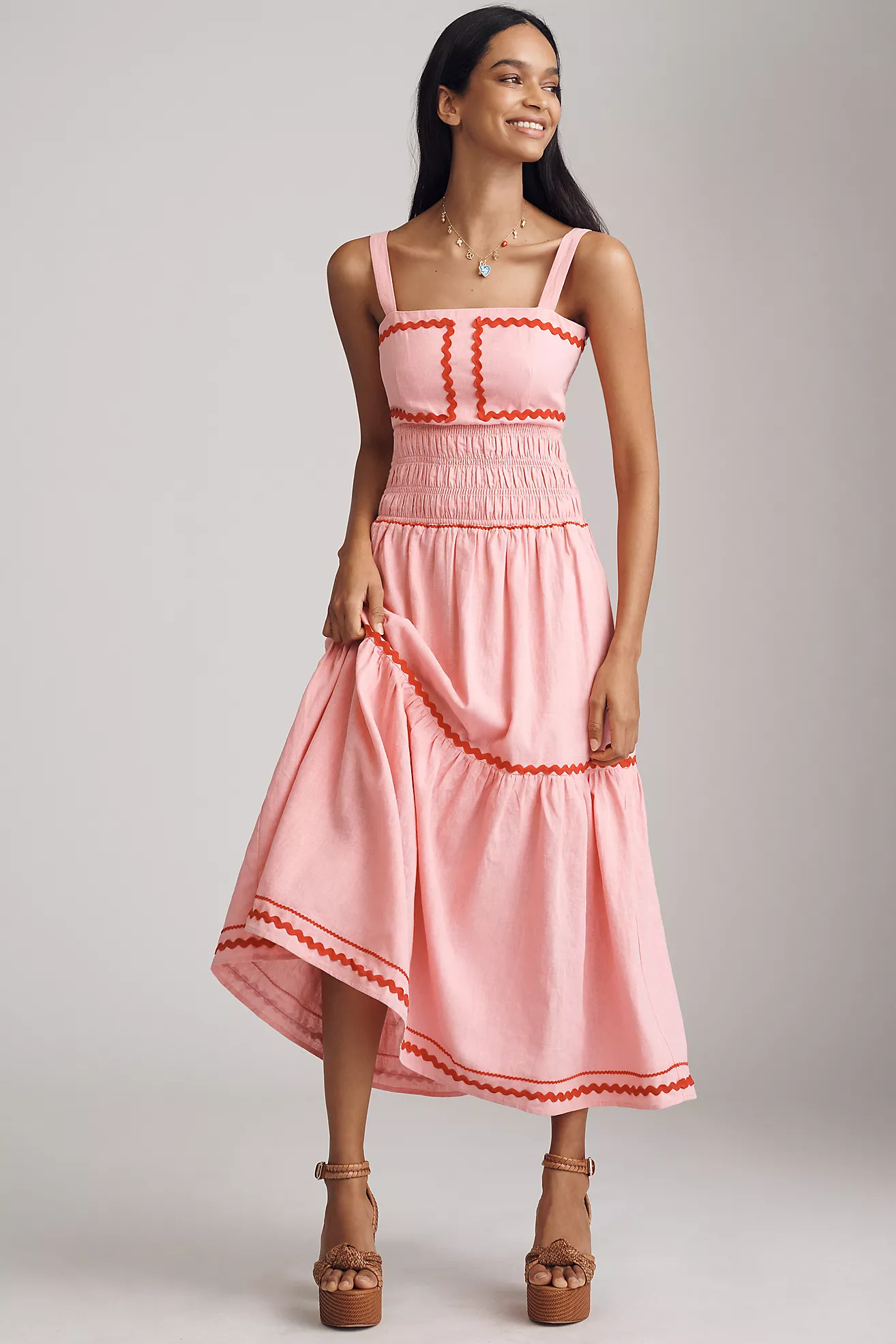 English Factory Linen Cotton Ric Rac Midi Dress | Anthropologie (US)