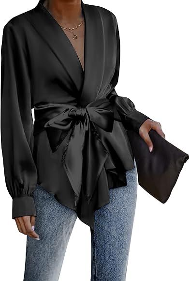 ACEVOG Women's Satin Blouse Wrap Tie Waist or Open Front Shirt Silk Drape Dressy Long Sleeve Top | Amazon (US)