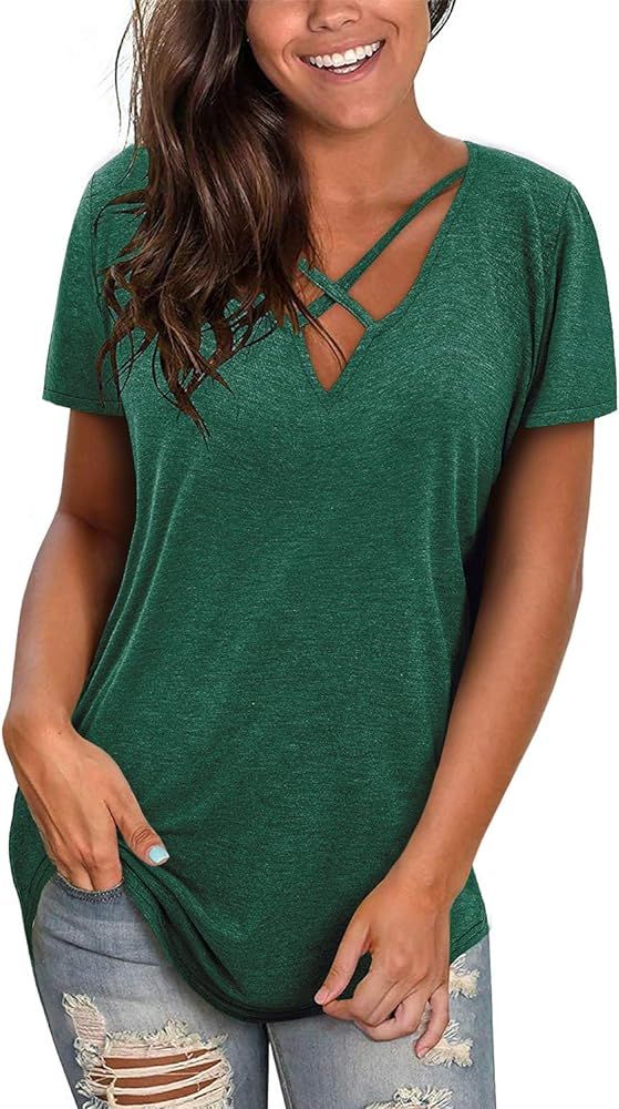 Womens Short Sleeve V Neck T Shirts Tops Summer Sexy Criss Cross T-Shirts Casual Loose Cotton Tees | Amazon (US)