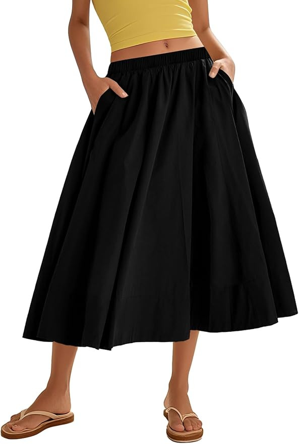 Flygo Womens A-Line Midi Skirt Flowy Pleated High Elastic Waist Casual Swing Cotton Long Skirt wi... | Amazon (US)