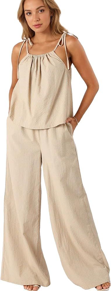 Hixiaohe Pajama Sets for Women 2 Piece Lounge Set Striped Sleeveless Tops Wide Leg Pants Matching... | Amazon (US)