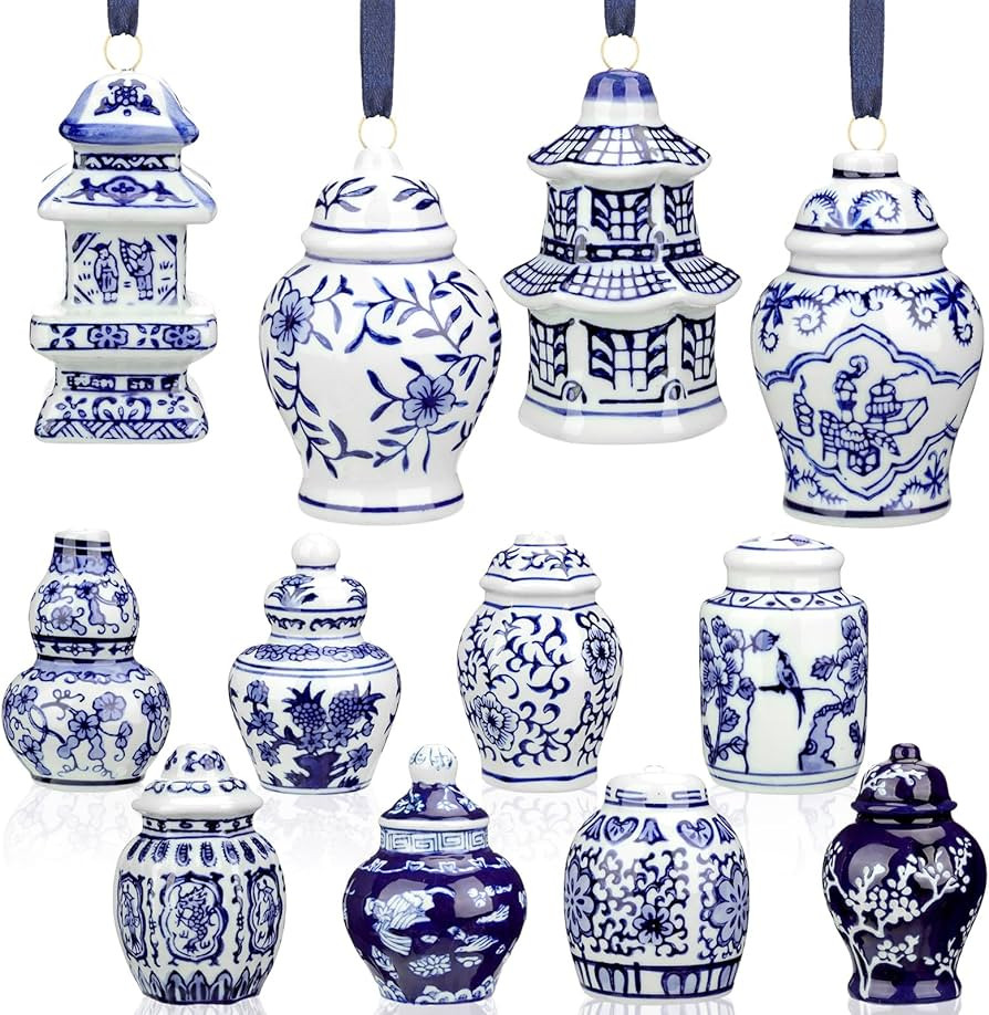 12 Pieces Christmas Ornaments Chinoiserie Porcelain Blue and White Ornaments Mini Ginger Jar Chri... | Amazon (US)