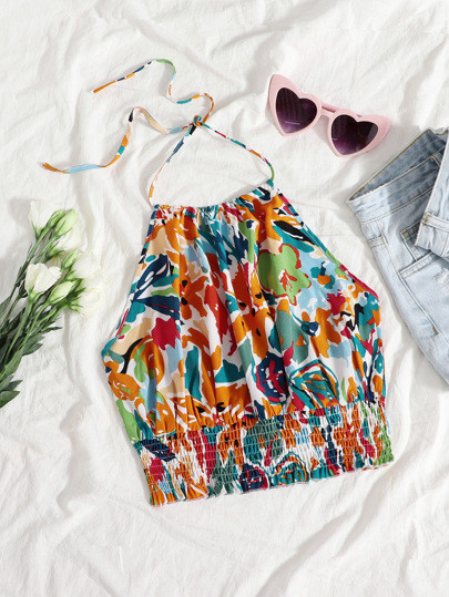 Floral Print Tied Backless Shirred Top | SHEIN