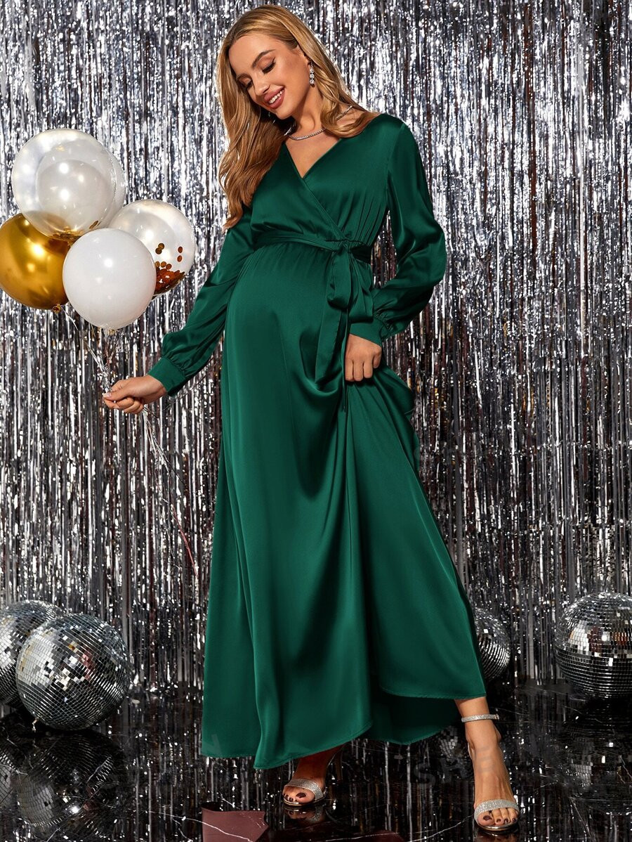 SHEIN MaterniChic Maternity Surplice Neck Belted Long Sleeve Maxi Dress , For Party | SHEIN
