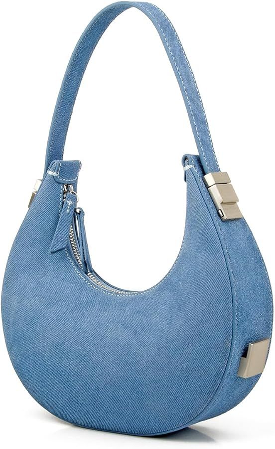 Trendy Denim Suede Leather Small Hobo Handbags for Women, Genuine Leather Crescent Hobo Bag Purse... | Amazon (US)