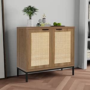 Anmytek Rustic Oak Accent Storage Cabinet with 2 Rattan Doors, Mid Century Natural Wood Sideboard... | Amazon (US)