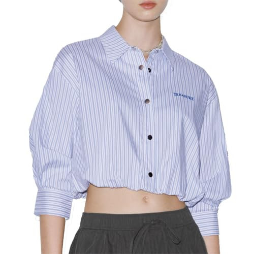 URBAN REVIVO Women's Striped Crop Shirt with Medium Long Sleeves, Soft Blouse Breathable Fabric, Fashionable Top for Fall and Spring Outfits Blue Extra Large | Amazon (US)