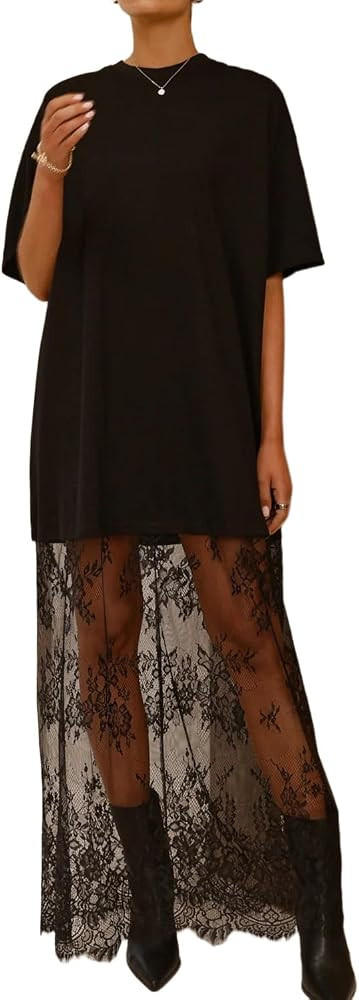 Pinclodly Womens Short Sleeve Lace Maxi Dress Summer Patchwork Tshirt Dress | Amazon (US)