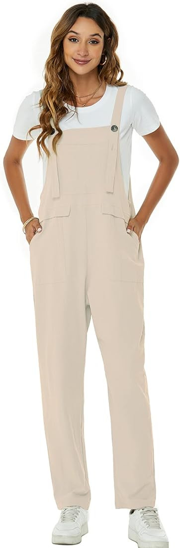 Womens Cotton Linen Adjustable Bib Overalls Loose Wide Leg Jumpsuits with Pockets | Amazon (US)