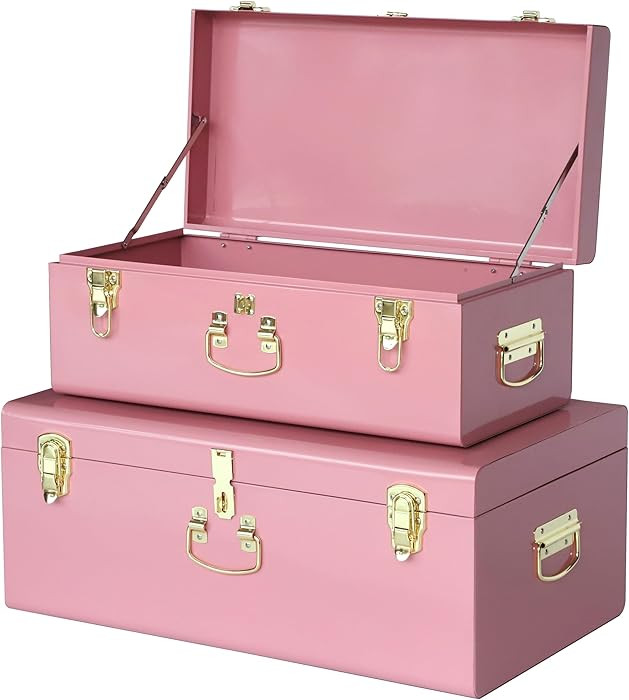 Vixdonos Decorative Large Metal Box Storage Trunk Chest Set of 2 College Dorm Organizer with Hard... | Amazon (US)