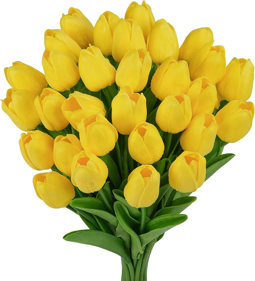 20 Pcs Yellow Tulips Artificial Flowers,13'' Real Touch Tulips Fake Flowers for Home Kitchen Wedd... | Amazon (US)