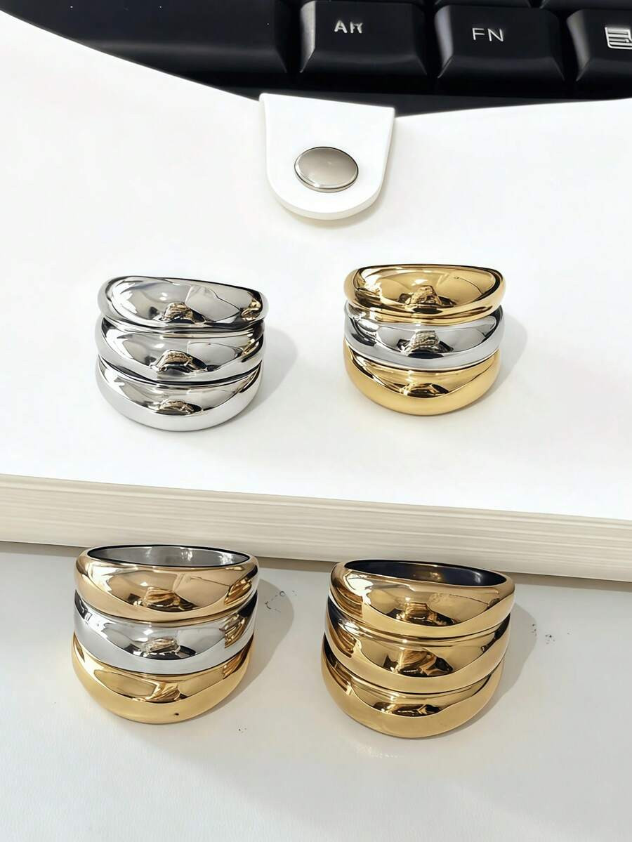 1pc Stainless Steel Wide Multi-Layer Fashion Exaggerated Minimalist Style Titanium Steel Triple R... | SHEIN