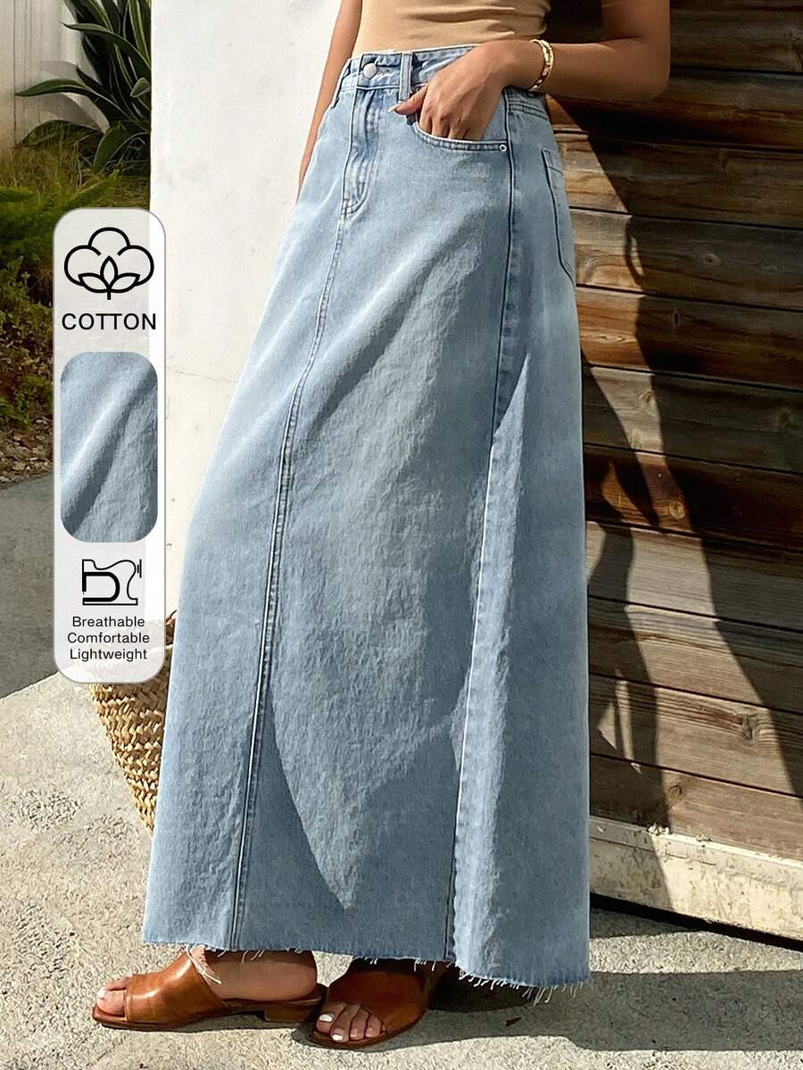 DAZY Women's Regular Waist Frayed Hem Long Casual Denim Skirt | SHEIN