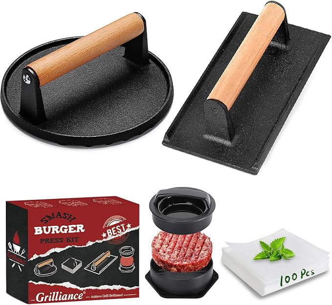 5pcs Smash Burger Press Kit, 3 in 1 Hamburger Press Patty Maker, Cast Iron Burger Press Round & R... | Amazon (US)