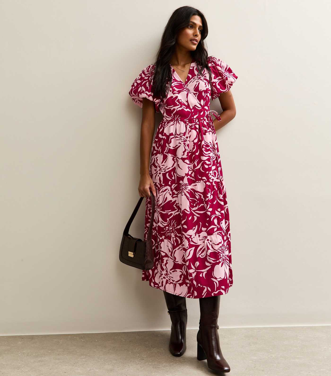 Red Crepe Flower Print Wrap Midi Dress | New Look | New Look (UK)