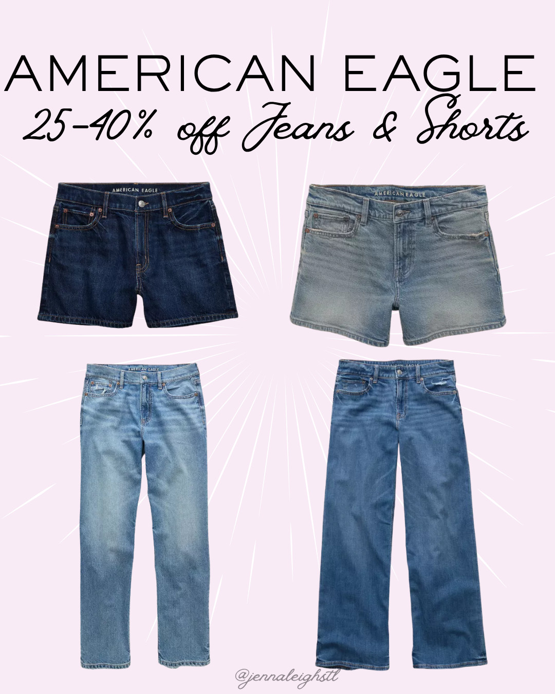 American Eagle has 25 to 40 percent off all jeans and shorts right now. Such a good time to grab your favorite fits for summer. 

 #LTKSeasonal #LTKSaleAlert #LTKMidsize