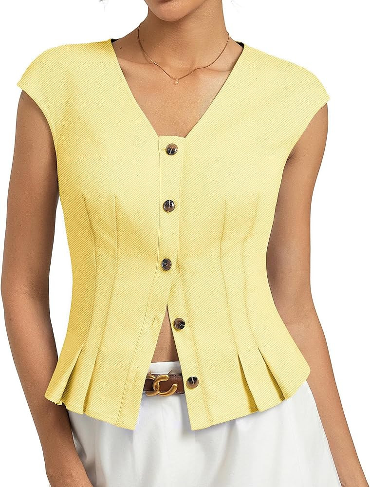 Kate Kasin Womens Summer Cotton Tops Ladies Sleeveless Cap Sleeve Blouse Button Up Casual V Neck ... | Amazon (UK)